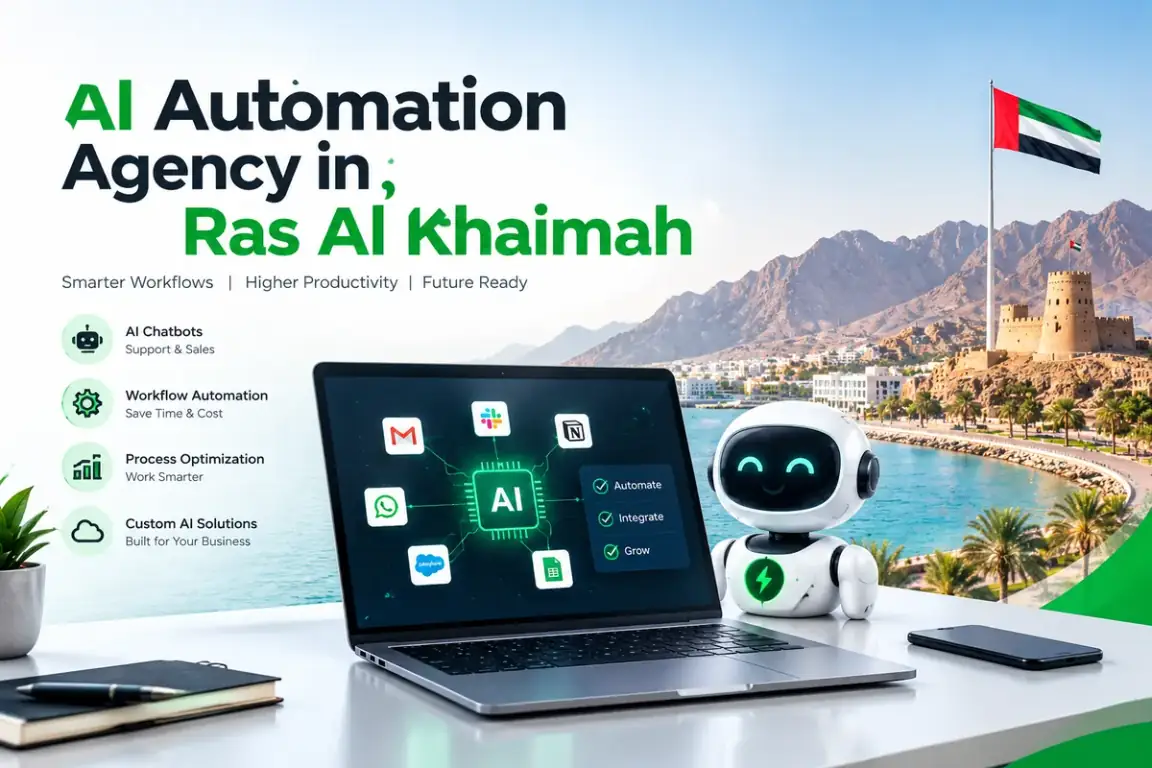 AI automation agency in Ras Al Khaimah, with a laptop, workflow integrations and UAE coastal scenery